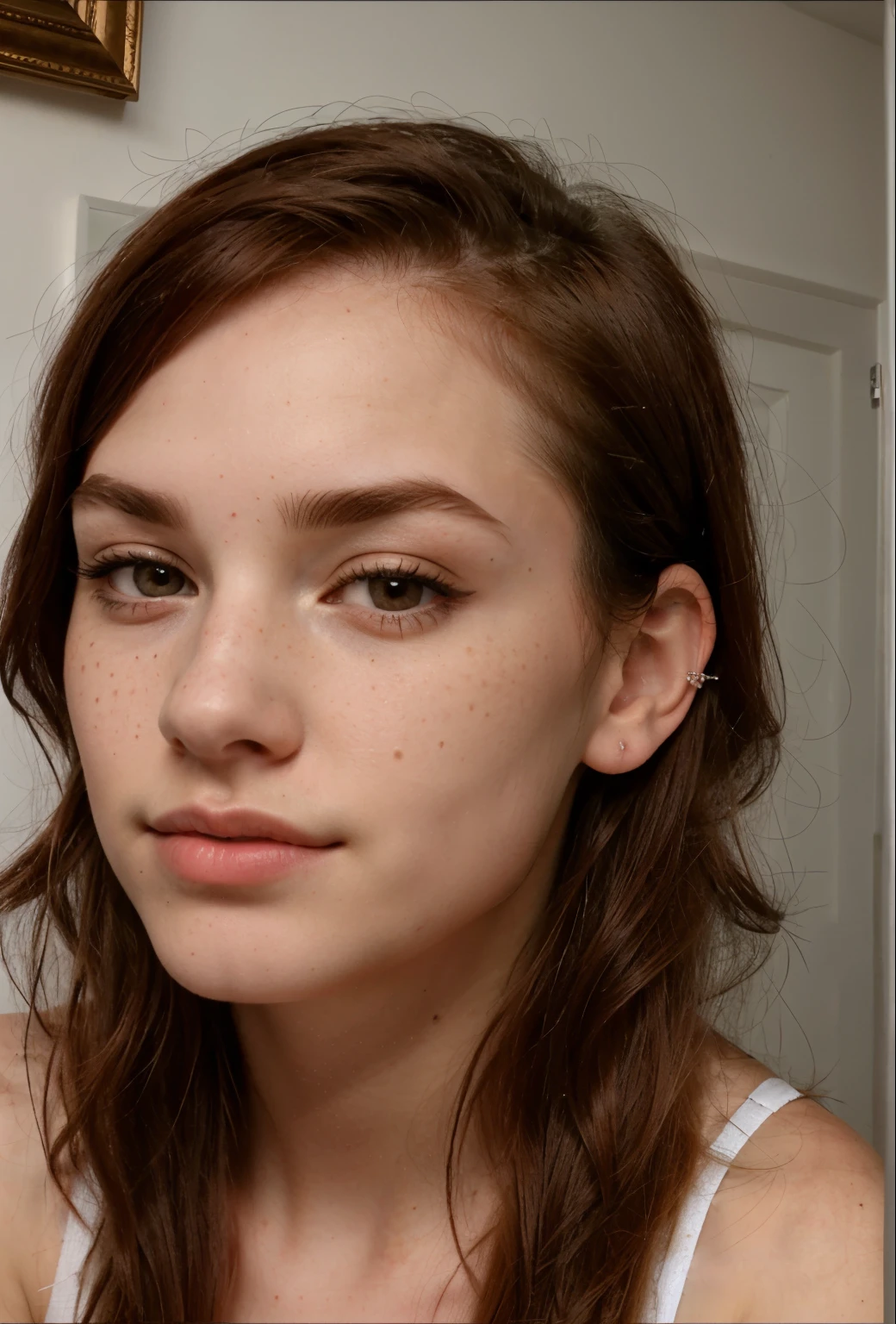 a close up of a woman with a nose piercing and a nose ring, septum piercing, androgynous face, nose piercing, small nose with freckles, freckles on the nose, pointy nose, small freckles, small lips pointy nose, perfect detailed face, facial piercings, cute freckles, piercing stare, thin button nose, buetifull, red hair, hair parted to the side, full-body view, full-body view, full-body view, snow white colored skin, pale skin, cute face, cute face, young,