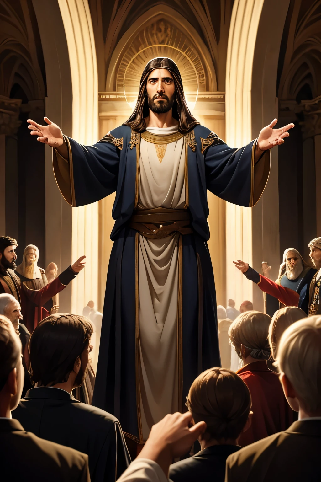 Jesus Christ portrayed in a scene filled with grandeur. He exudes a powerful, commanding presence. He portrays an air of overwhelming authority and might. He is talking to old people. The scene is bright, emphasizing the nobility and majesty of his figure.