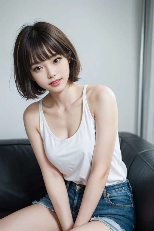 short-cut hair,short-cut hair,Beautiful,K-pop idol,japanese idol,Japanese actress,high resolution,Beautiful skin,8k,RAW photo,best quality,masterpiece,realistic,photo-realistic,clear,professional lighting,beautiful face,best quality,ultra high res,whole body,sexy,beautiful legs,beautiful row of teeth, beautiful lips,smile,Denim shorts,