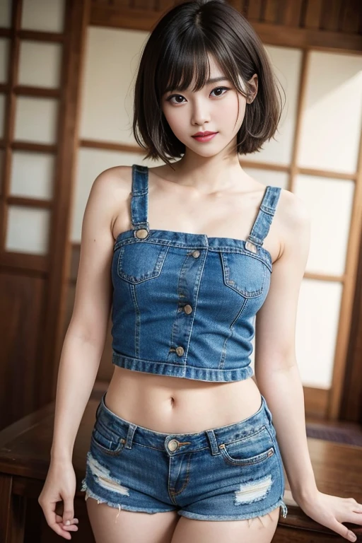 short-cut hair,Beautiful,K-pop idol,japanese idol,Japanese actress,high resolution,Beautiful skin,8k,RAW photo,best quality,masterpiece,realistic,photo-realistic,clear,professional lighting,beautiful face,best quality,ultra high res,whole body,sexy,beautiful legs,beautiful row of teeth, beautiful lips,smile,Denim shorts
