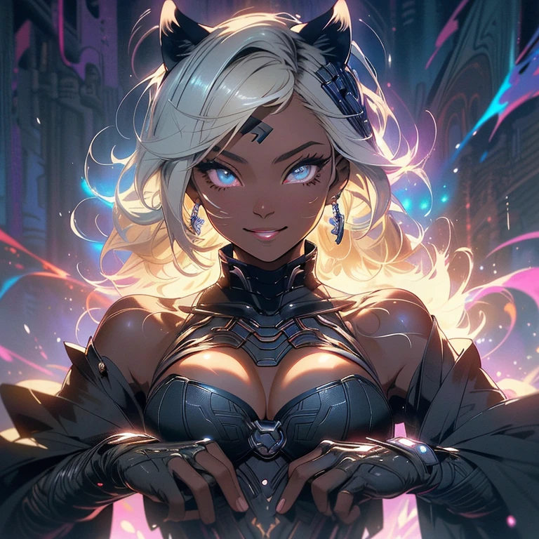 (((highest quality))),(((detailed eyes))),(((32K))),(1 dark skinned girl),Fancy blonde,(tattoo),cyber punk,kimono,((luxurious and gorgeous)),shiny skin,earrings,Stylish costumes,((Super beautiful)),(perfect face),Japanese sword,ultimate texture,official art,Ukiyo-e,((stylish)),photograph,perfect body,smile,Bewitching,best image quality,super clear,genuine,fantasy,(Near the future),ninja,((perfect eyes)),((big breasts)),((Perfect cleavage)),highlight,挑発的なsmile,stick out tongue,Mechanical,mandala,Pouring rain,majestic,apotheosis,((fractal art:(1.3)),perfect lighting,colorful,((In underwear)),A ferocious black panther is next to me,