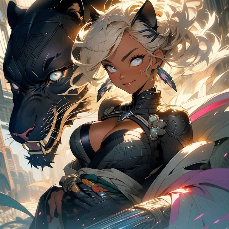 (((highest quality))),(((detailed eyes))),(((32K))),(1 dark skinned girl),Fancy blonde,(tattoo),cyber punk,kimono,((luxurious and gorgeous)),shiny skin,earrings,Stylish costumes,((Super beautiful)),(perfect face),Japanese sword,ultimate texture,official art,Ukiyo-e,((stylish)),photograph,perfect body,smile,Bewitching,best image quality,super clear,genuine,fantasy,(Near the future),ninja,((perfect eyes)),((big breasts)),((Perfect cleavage)),highlight,挑発的なsmile,stick out tongue,Mechanical,mandala,Pouring rain,majestic,apotheosis,((fractal art:(1.3)),perfect lighting,colorful,((In underwear)),A ferocious black panther is next to me,