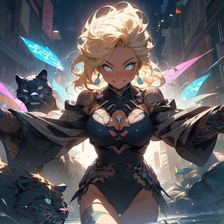 (((highest quality))),(((detailed eyes))),(((32K))),(1 dark skinned girl),Fancy blonde,(tattoo),cyber punk,kimono,((luxurious and gorgeous)),shiny skin,earrings,Stylish costumes,((Super beautiful)),(perfect face),Japanese sword,ultimate texture,official art,Ukiyo-e,((stylish)),photograph,perfect body,smile,Bewitching,best image quality,super clear,genuine,fantasy,(Near the future),ninja,((perfect eyes)),((big breasts)),((Perfect cleavage)),highlight,挑発的なsmile,stick out tongue,Mechanical,mandala,Pouring rain,majestic,apotheosis,((fractal art:(1.3)),perfect lighting,colorful,((In underwear)),A ferocious black panther is next to me,