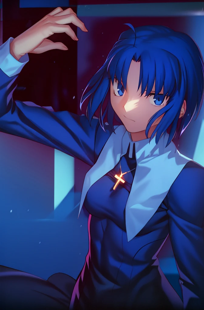 (best quality, 4k, 8k, highres,m asterpiece:1.2), (ultra-detailed:1.6), slender figure, (soft, delicate features:1.1), (vivid colors), ciel_(tsukihime), cowboy shot, 1girl, solo, (long sleeves black dress;1.4), chain, habit open, sad, looking at viewer, antenna hair, (ahoge:1), closed mouth, fingernails, breasts, medium breasts, cross, latin cross, cross, holding, necklace, nun, symmetrical, serious, (Shadowed:1.5)

