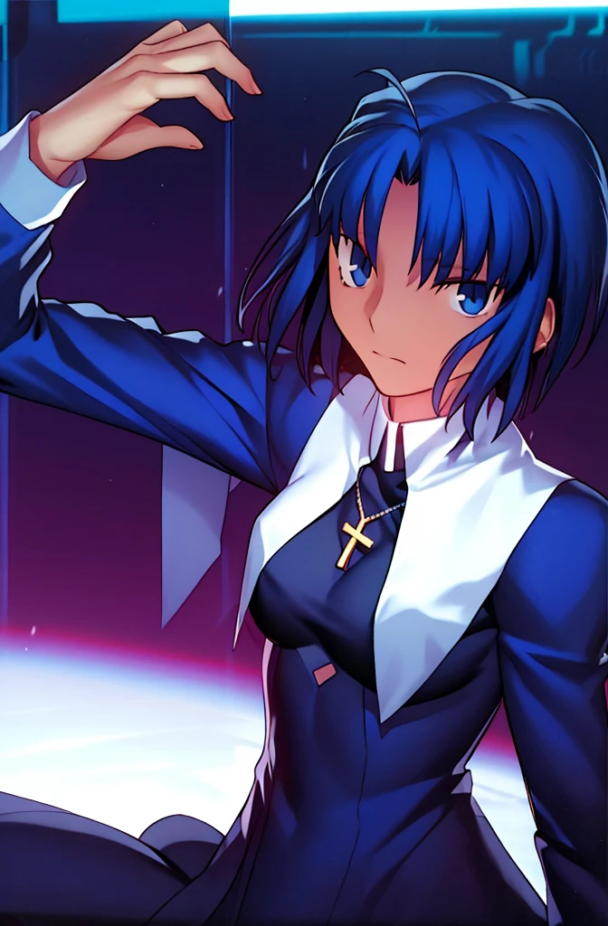 (best quality, 4k, 8k, highres,m asterpiece:1.2), (ultra-detailed:1.6), slender figure, (soft, delicate features:1.1), (vivid colors), ciel_(tsukihime), cowboy shot, 1girl, solo, (long sleeves black dress;1.4), chain, habit open, sad, looking at viewer, antenna hair, (ahoge:1), closed mouth, fingernails, breasts, medium breasts, cross, latin cross, cross, holding, necklace, nun, symmetrical, serious, (Shadowed:1.5)