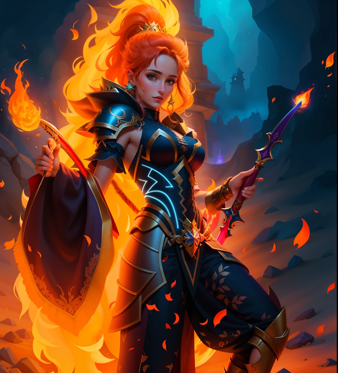 un primer plano de una mujer con un traje de fuego sosteniendo una espada, Blindado de conjuro de llamas, La hechicera lanzando una bola de fuego, Mago de fuego, Ella tiene poderes de fuego, Las llamas la rodean, lava and Diosa del Fuego, por Lisa Nankivil, Diosa del Fuego, Just Bartel, hot Diosa del Fuego, rossdraws dibujos animados vibrantes, Leyendas de Runeterra, sosteniendo una espada en llamas
