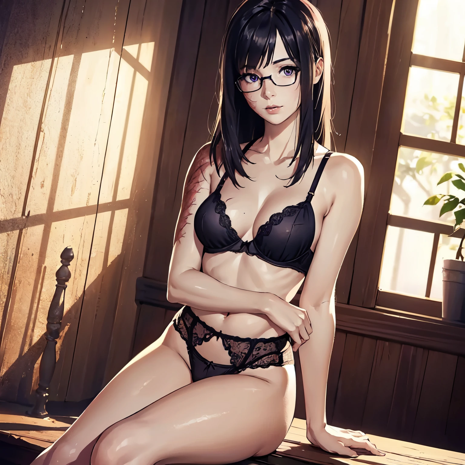 realistic, 8k, thick outlines, (vibrant shadows), deep shadows, detailed eyes, full height, (high quality), high detailed background, (realistic shadows), HD shadows, masterpiece, high detailed face, high detailed finger, older girl, ((megane)),  (((skinny body))), (slim waist), ((narrow hips)), skinny legs, (slender legs), (realistic style), curvy, gorgeous woman, fake lips, famous pornstar, (((micro lingerie, see through lingerie, see through clothing, invisible lingerie, perfect breasts, tight breasts pressed against each other, almost naked, all lingerie, camel toe, breasts swinging freely))), tight lingerie bra (((super thick, small waist))), very short asymmetrical haircut, dark purple hair, purple eyes, seductive light smile, (burn scar on the right side of the face:1.5), (burn scar on the right side of the body:1.5), (clear left side of the body:1.2), hair over right eye, ((megane)), ((disheveled hair)), 