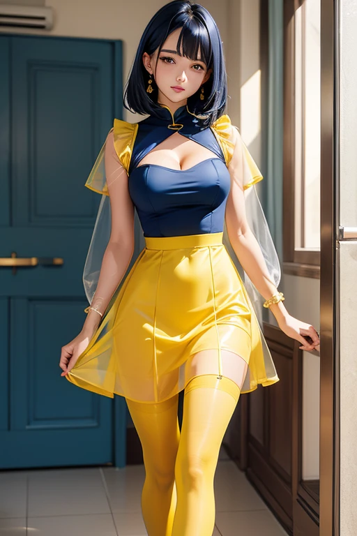 Best quality,fashion woman,dark blue hair hair,yellow látex micro dress,cleavage,yellow sheer tights