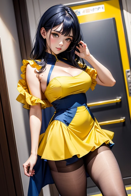 Best quality,fashion woman,dark blue hair hair,yellow látex micro dress,cleavage,yellow sheer tights