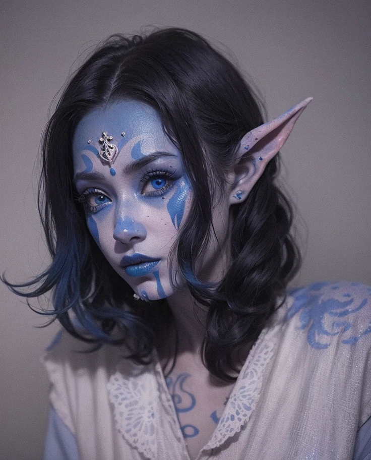 mulher arafed com maquiagem azul e orelhas de elfo posando para uma foto, elf com pele azul, elfo azul, tiefling azul, elfo de pele azul, com pele azul, parecendo uma mistura de sujeira, Fantasy aesthetic!, um retrato de um elfo, parece uma mistura de sujeira, elfo negro, creepy aesthetic, pale bluish skin, darkwave goth aesthetic