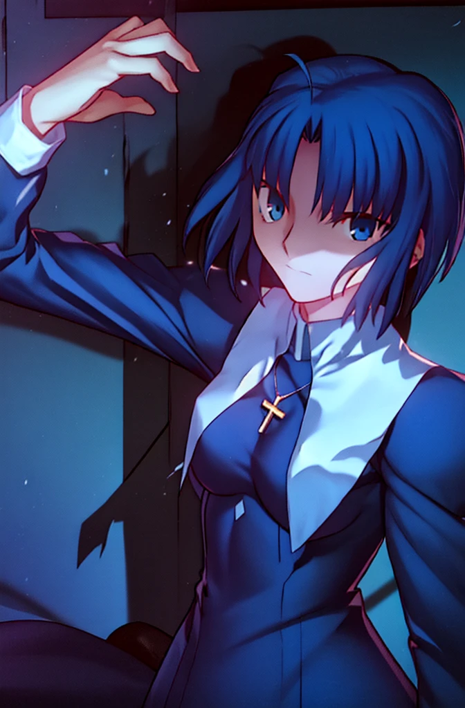 (best quality, 4k, 8k, highres,m asterpiece:1.2), (ultra-detailed:1.6), slender figure, (soft, delicate features:1.1), (vivid colors), ciel_(tsukihime), cowboy shot, 1girl, solo, (long sleeves black dress;1.4), chain, habit open, sad, looking at viewer, antenna hair, (ahoge:1), closed mouth, fingernails, breasts, medium breasts, cross, latin cross, cross, holding, necklace, nun, symmetrical, serious, (Shadowed:1.5)

