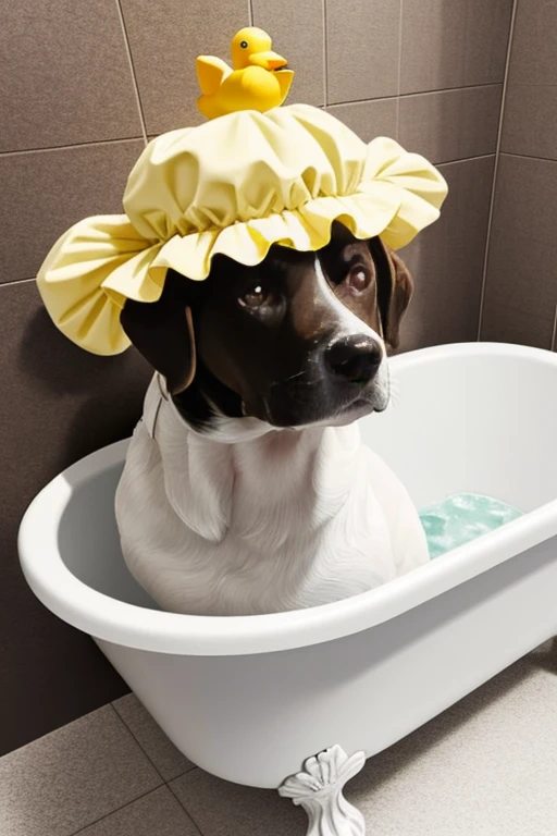 The dog is in a bathtub with foam. This bathtub has a rubber ducky in the foam., the dog has a shower cap on its head. Luxurious bathroom scene. 