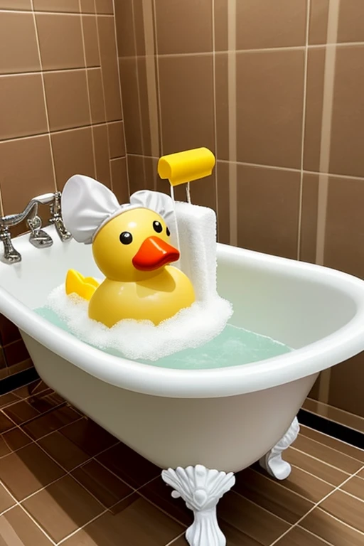 The dog is in a bathtub with foam. This bathtub has a rubber ducky in the foam., the dog has a shower cap on its head. Luxurious bathroom scene.