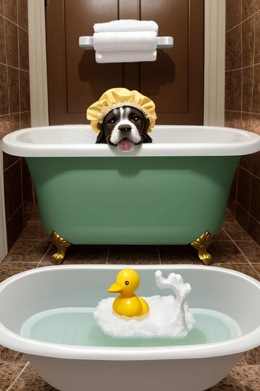 The dog is in a bathtub with foam. This bathtub has a rubber ducky in the foam., the dog has a shower cap on its head. Luxurious bathroom scene.