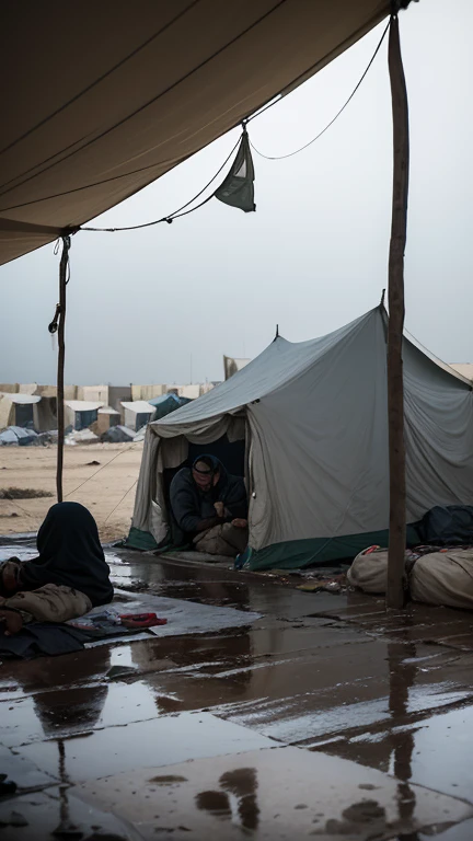 (Quality tags: masterpiece, best quality, official art:1.2), a cinematic scene portraying the struggle for hope amidst the bitter reality in Gaza's refugee tents, (resilient faces of displaced individuals navigating the challenging conditions:1.3), a dynamic representation of the determination to find hope in makeshift shelters, (expressions revealing both hardship and resilience:1.2), a backdrop of a scene filled with the tenacity of those enduring displacement, (overcast sky reflecting the relentless nature of their struggle:1.1), a scene charged with the stark reality of life in the refugee tents, (intense emotions conveyed through the expressions:1.4), a moment frozen in the resilience of the inhabitants, (dynamic composition capturing the tent environment and the struggle for hope:1.2), a visual story of the profound impact of displacement and the pursuit of hope, (subtle play of light and shadow:1.2), creating a cinematic and emotionally charged depiction.