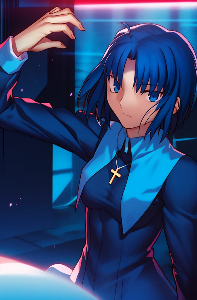 (best quality, 4k, 8k, highres,m asterpiece:1.2), (ultra-detailed:1.6), slender figure, (soft, delicate features:1.1), (vivid colors), ciel_(tsukihime), cowboy shot, 1girl, solo, (long sleeves black dress;1.4), chain, habit open, sad, looking at viewer, antenna hair, (ahoge:1), closed mouth, fingernails, breasts, medium breasts, cross, latin cross, cross, holding, necklace, nun, symmetrical, serious, (Shadowed:1.5)