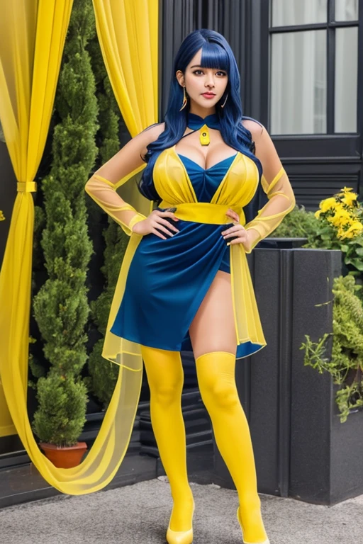 Best quality,fashion woman,dark blue hair hair,yellow látex micro dress,cleavage,yellow sheer tights