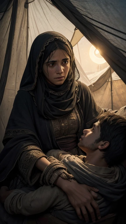 (Quality tags: masterpiece, ultra high res, illustration:1.3), an intricate illustration portraying the worn-out hopes within Gaza's refugee tents, (moonlight revealing the heart-wrenching scene:1.2), detailed portrayal of the challenging conditions and expressions of the displaced individuals, (overcast sky reflecting the harshness of their reality:1.1), an atmosphere filled with the stark contrast of emotions, (intricate details conveying the realism of the scene:1.4), a palette of contrasting emotions, (subtle play of light and shadow capturing the depth:1.2), an illustrative narrative of the worn-out conditions and faded hopes, (dynamic composition focusing on the tent environment and the weary faces:1.2), a visual story revealing the profound emotional turmoil caused by the bitter reality of life in the refugee tents, creating a rich and emotionally charged illustration.