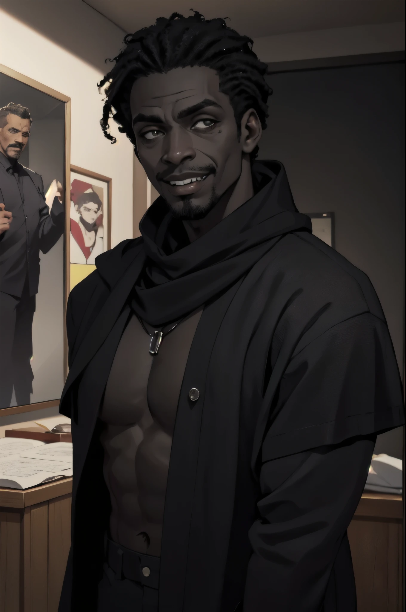 "(fechar potrait), tema sombrio, estilo moderno, (((1 homem de 30 anos))) wearing a black suit and black dress pants, atletico forte, with a serious expression, ((careca)), corpo. A cena se passa em uma biblioteca modernaa noite, com muitos livros em estantes, emphasizing pale skin and bright yellow eyes."