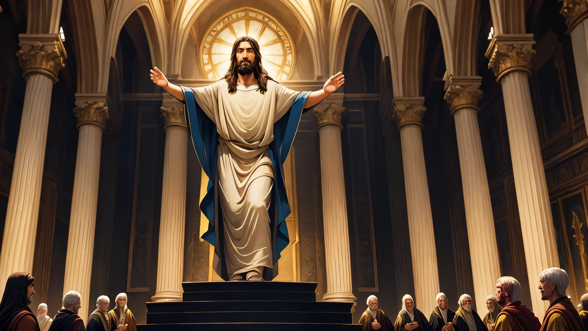 Jesus Christ portrayed in a scene filled with grandeur. He exudes a powerful, commanding presence. He portrays an air of overwhelming authority and might. He is talking to old people. The scene is bright, emphasizing the nobility and majesty of his figure.
