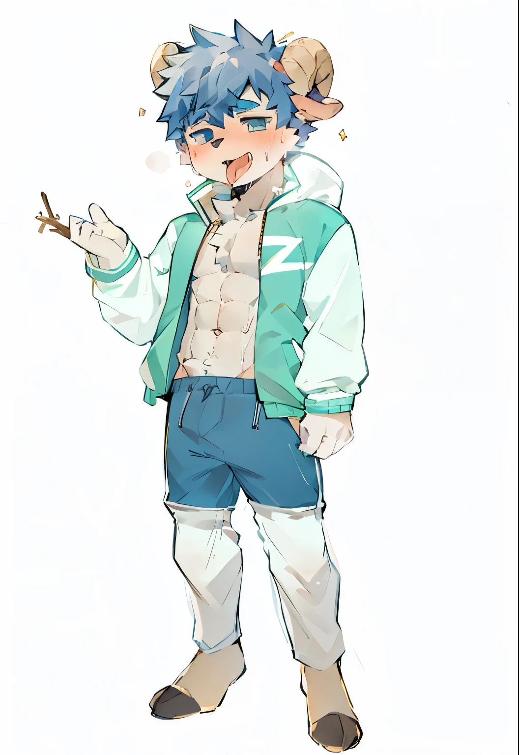 star tattoo，wearing a baseball jacket，Have abdominal muscles，sweat，sheep，sheepbeast人，Handsome，teenager，Stick out your tongue，Shota，Child，boy，beast，Sweatpants