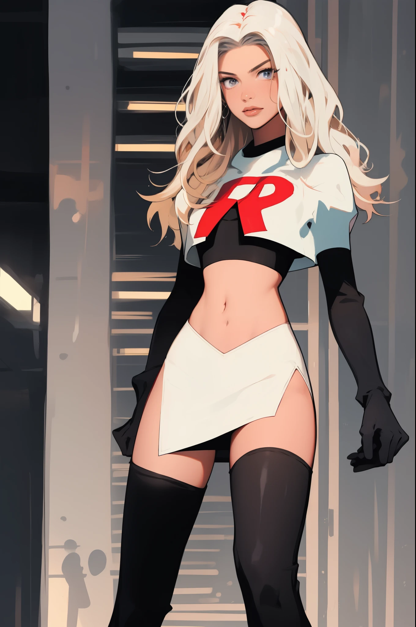 the face of lorengray, team rocket,team rocket uniform, red letter R, white skirt,white crop top,black thigh-highs,black elbow gloves,