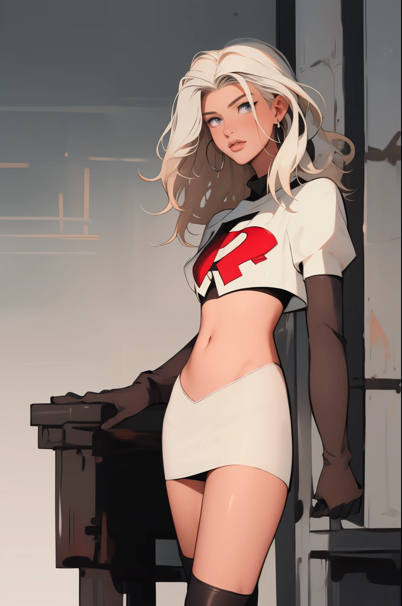 the face of lorengray, team rocket,team rocket uniform, red letter R, white skirt,white crop top,black thigh-highs,black elbow gloves,