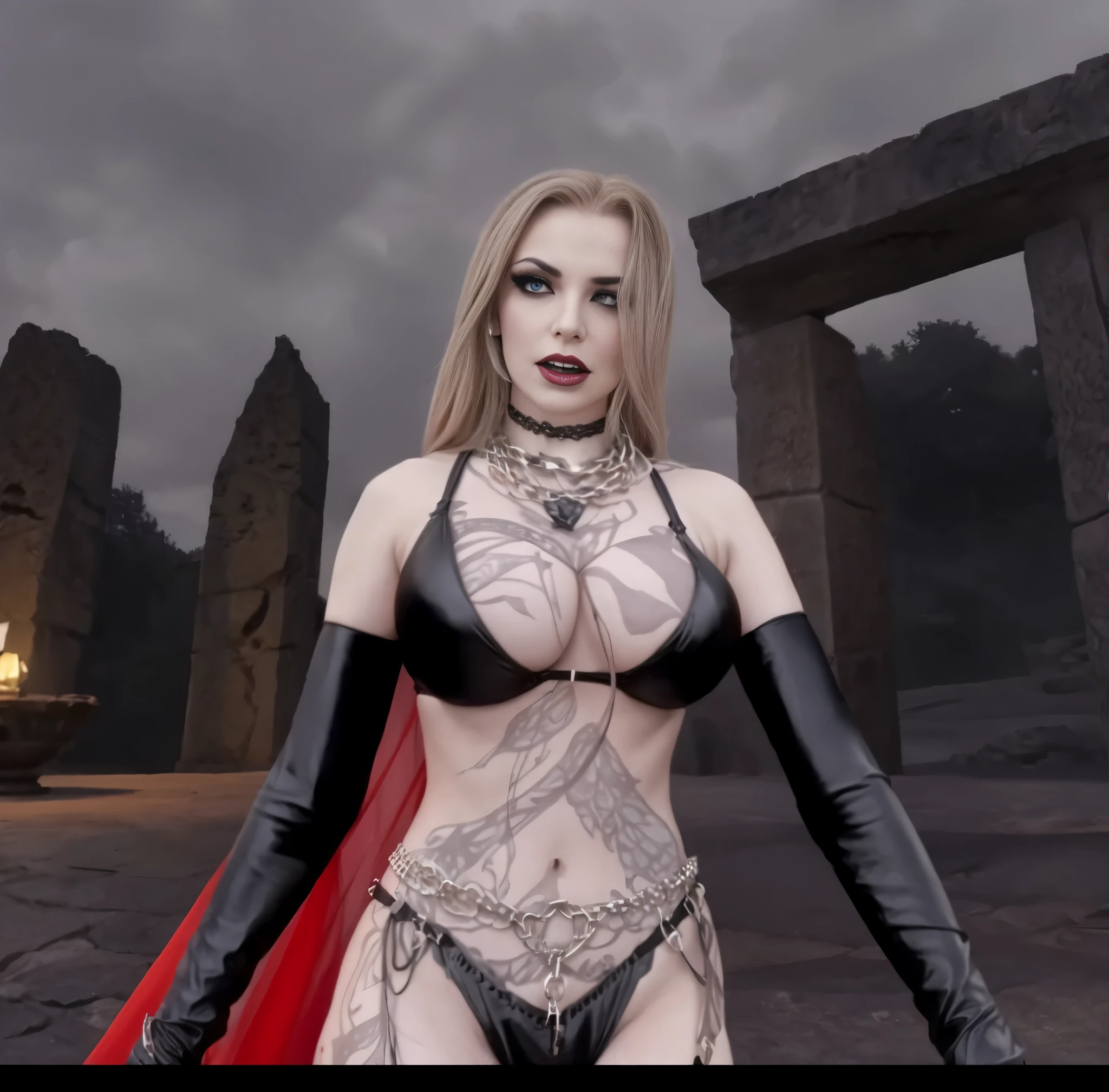 Alafid woman in costume standing in front of stone structure, 女魅魔vampire, vampire, Head up，busty witch, 性感迷人的女vampire, black bikini。Black leather cuffs，Heavy makeup，big breasts。An arrogant expression。Metal sexy waist chain