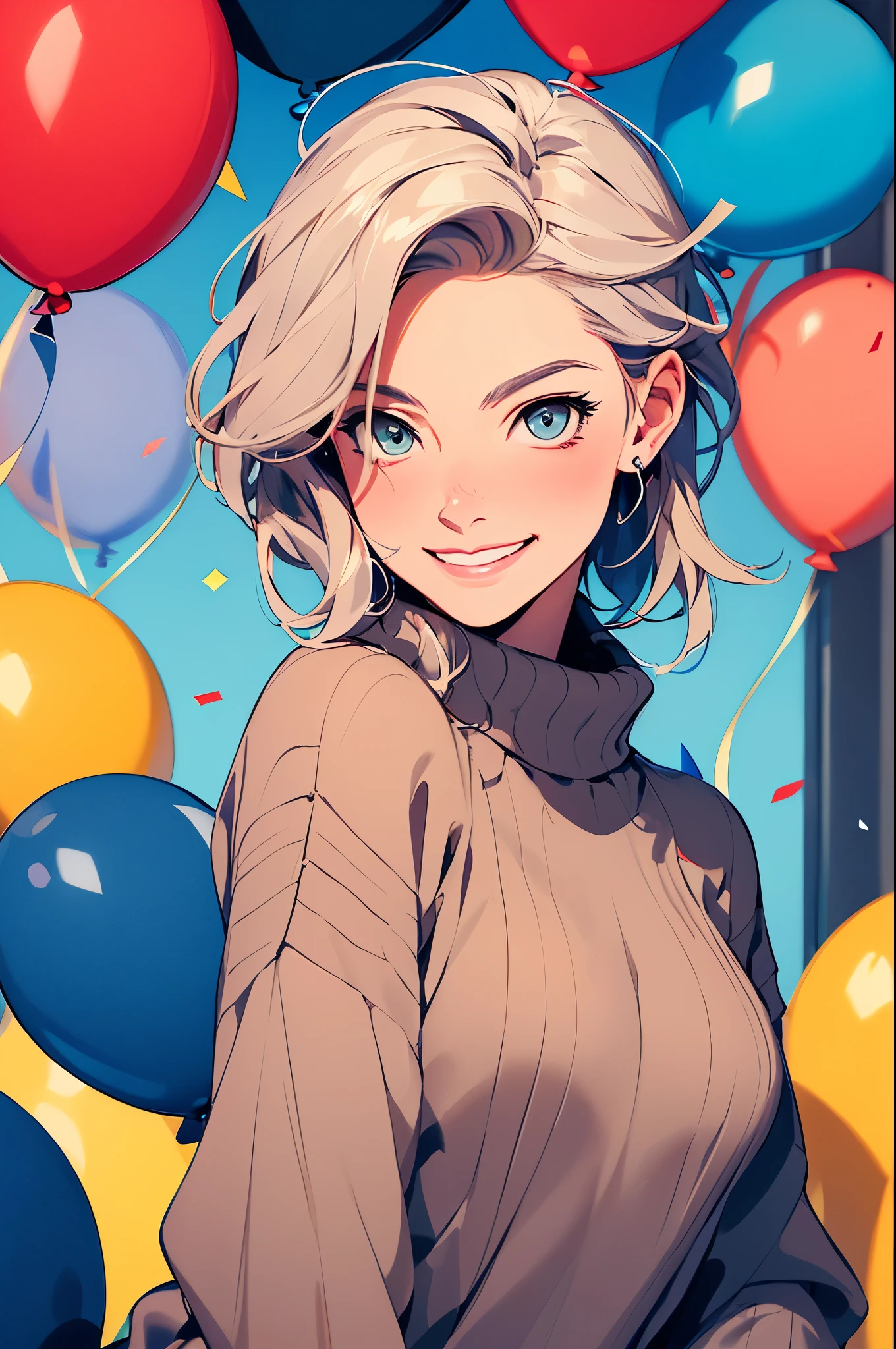 (cartoon style:1.2),  drawing of ([Jessica Chastain|Kelly Ripa|Mila Kunis]), wearing baggy turtleneck sweater, big grin, perfect eyes, detailed face, party background, fun pose, flirty look, confetti, balloons