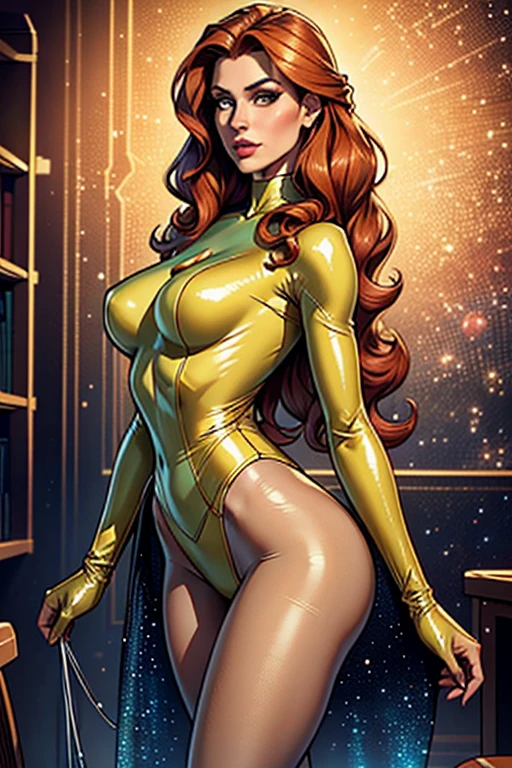 In this best quality, 8K (1.2) image, we are presented with a stunningly realistic portrayal of a vintage space female. Her very long curly red hair cascades down her back, drawing attention to her extremely detailed face, complete with long eyelashes that flutter delicately. She is dressed in an all sheer beige collant de nylon, which clings tightly to her flawless physique, accentuating every curve and contour. Complementing her outfit, she wears all beige pantyhose and latex gloves, adding a touch of sleekness to her ensemble. The glossy plastic accessories she adorns shimmer under the studio lighting, further enhancing the realism of the scene. With physically-based rendering techniques and a sharp focus, every intricate detail