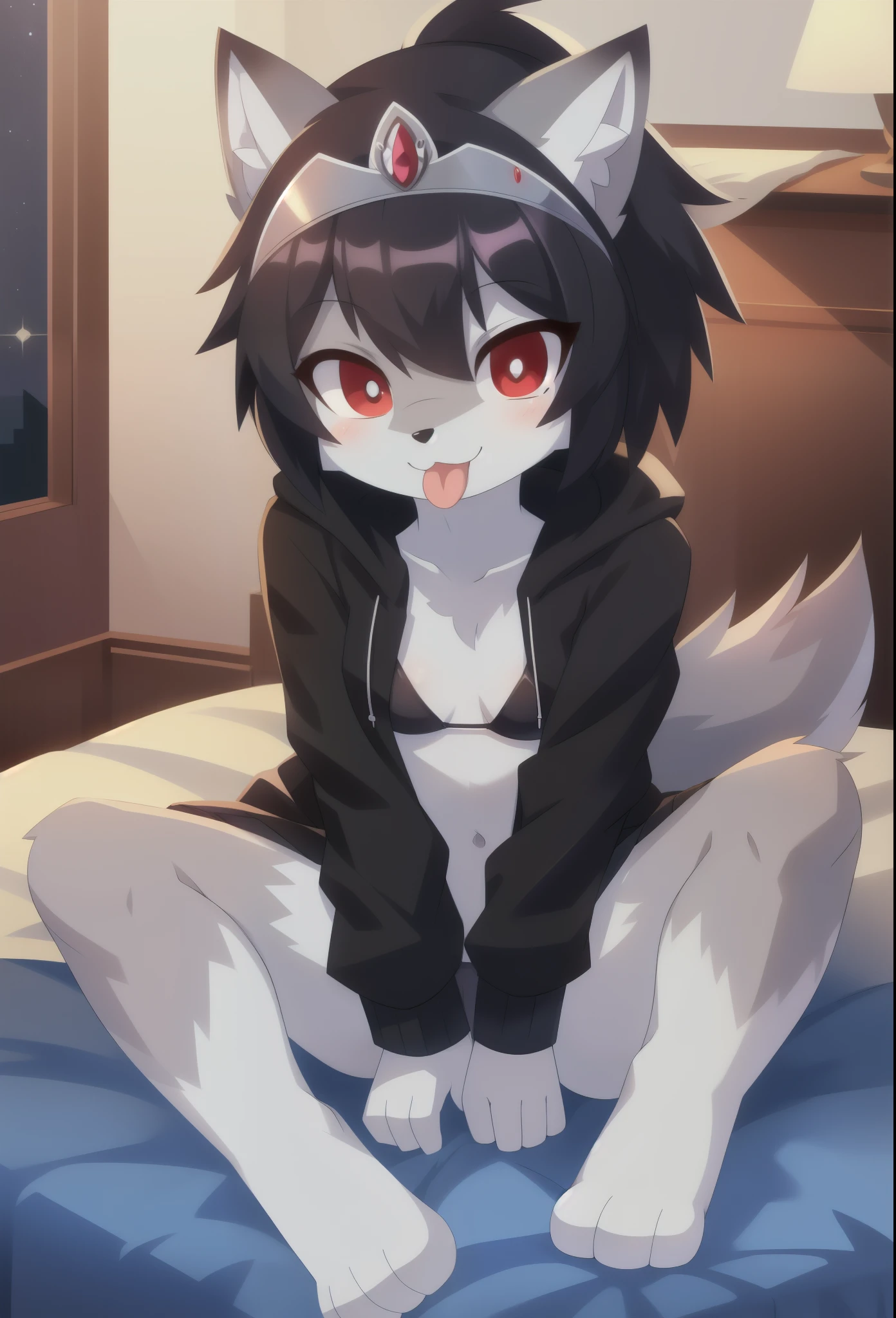 furry girl, wolf, black hair, punk hairstyle, long spiky ponytail, anime style, small breasts, red eyes, ((black hoodie jacket, open clothes, black bikini, black skirt, princess tiara)), high quality, detailed body, detailed eyes, detailed face, masterpiece, glistening body, detailed body fur, best quality, two tone body, gray fur, clear gray fur, perfect lighting, perfect shadows, perfect eyes, perfect hair, perfect face, gorgeous body, room, :3, tongue out, full body, feets whit three toes, sitting on bed,