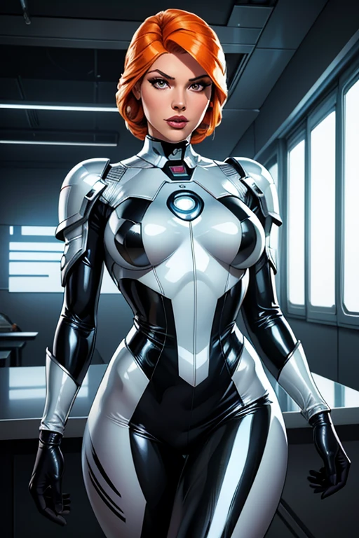Beautiful Scarlett Johansson from Ghost in the Shell, big breasts, skin tight gray white catsuit, 