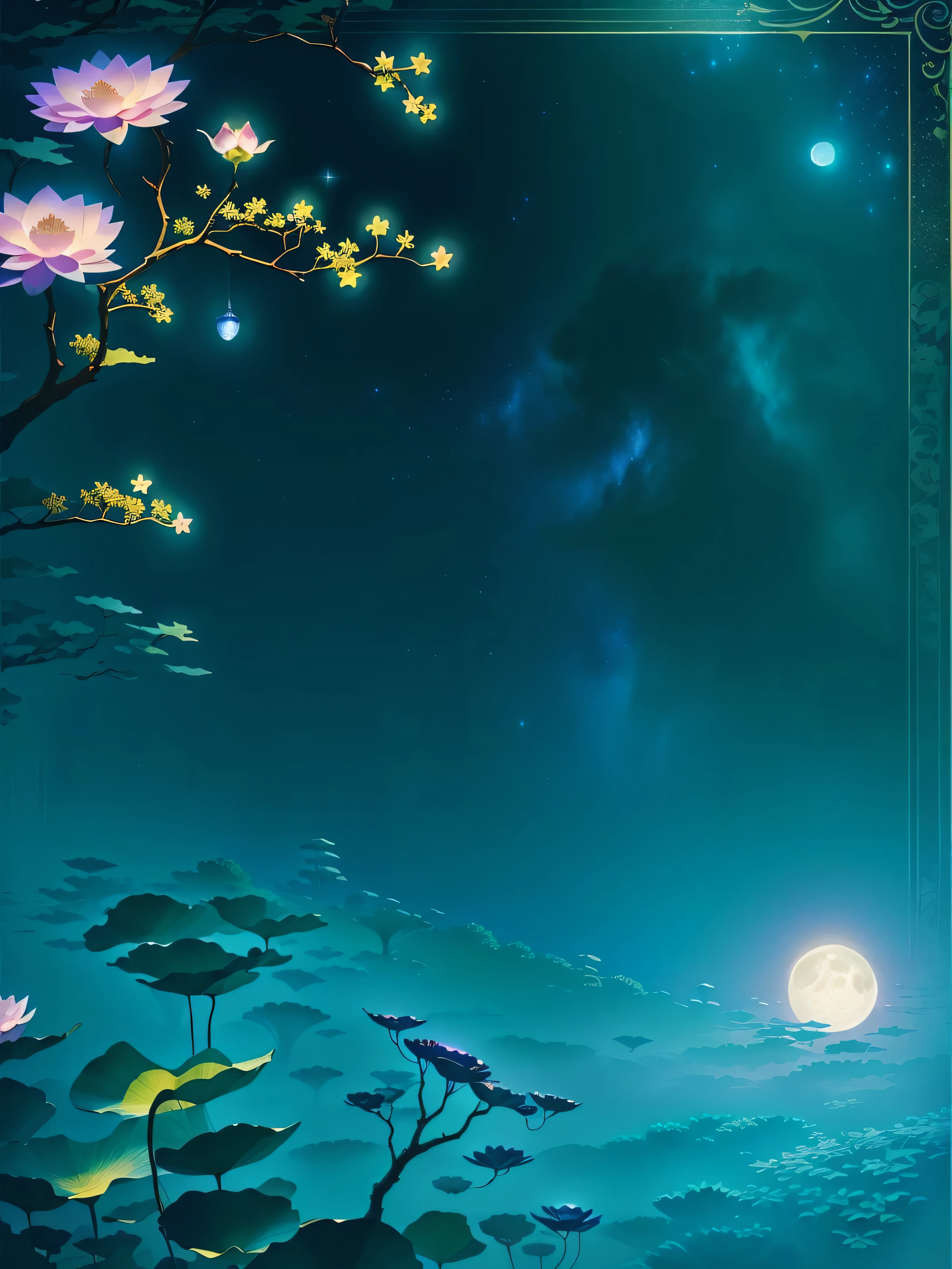 starry night full moon，The trees are full of lotus flowers, moonlight background, Starry sky environment under moonlight, Fairy tale style background, night background, Moonlight night dreamy atmosphere, magical background, moonlight background, anime background art, Dream Night, background artwork, anime background, poster background, calm night. digital illustration, Moonlight night, night under the stars