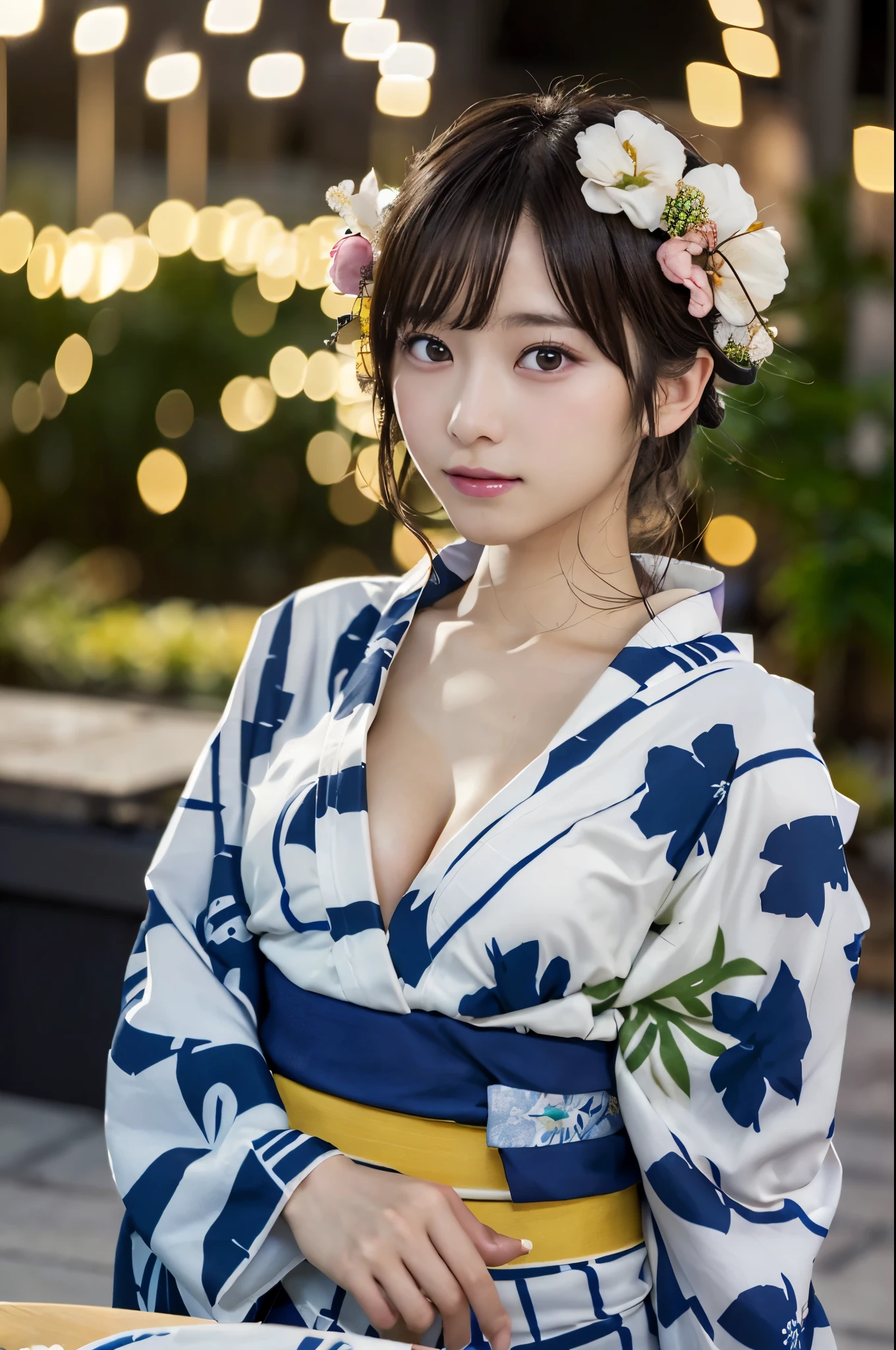 (table top, highest quality:1.4), beautiful face, 8K, 85mm, absurd, (floral pattern yukata:1.4), Upper body, expose one&#39;s chest、 violaces, gardenia, delicate girl, alone, night, looking at the viewer, Upper body, film grain, chromatic aberration, sharp focus, face light, professional lighting, Sophisticated, (smile:0.4), cleavage, (simple background, background bokeh:1.2), details face