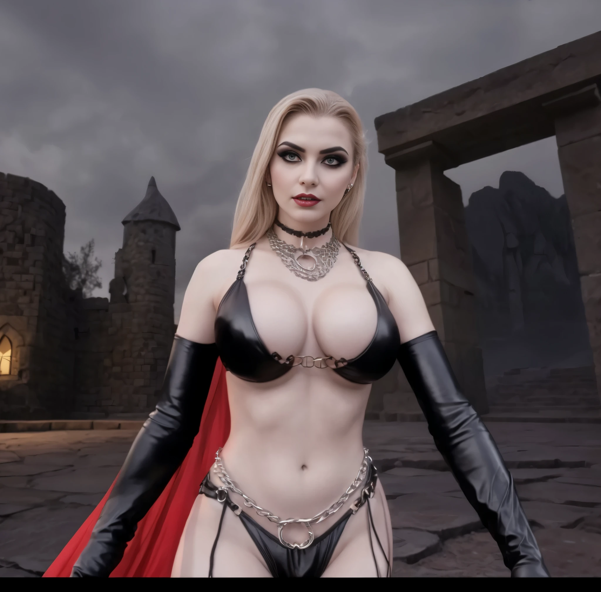 Alafid woman in costume standing in front of stone structure, 女魅魔vampire, vampire, Head up,busty witch, 性感迷人的女vampire, black bikini。Black leather cuffs,Heavy makeup,big breasts。An arrogant expression。Metal sexy waist chain
