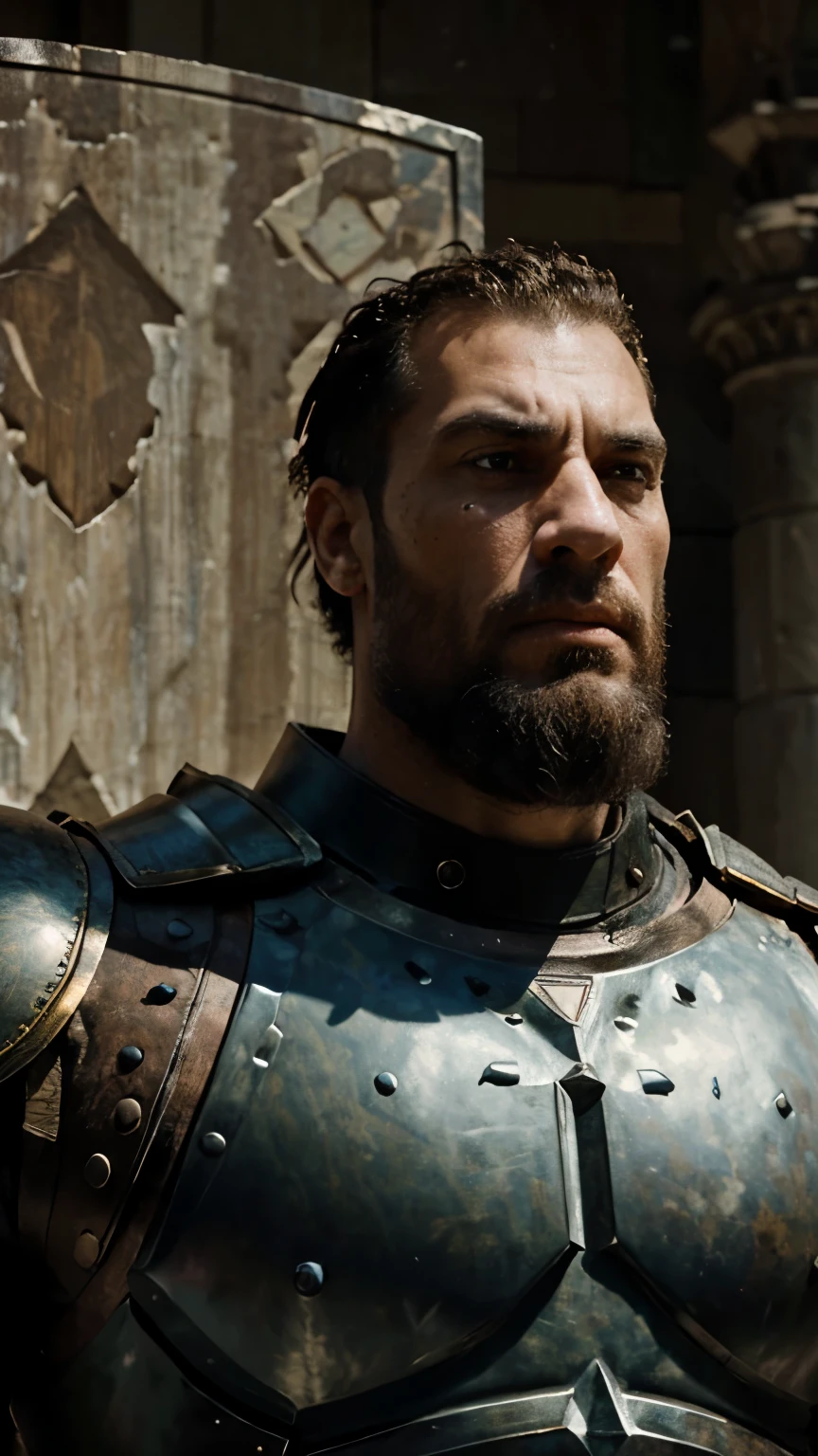 Develop a realistic artistic representation of Goliath, the Philistine giant. Highlight his physical grandeur, details of his armor and shield, as well as the defiant expression on his face."