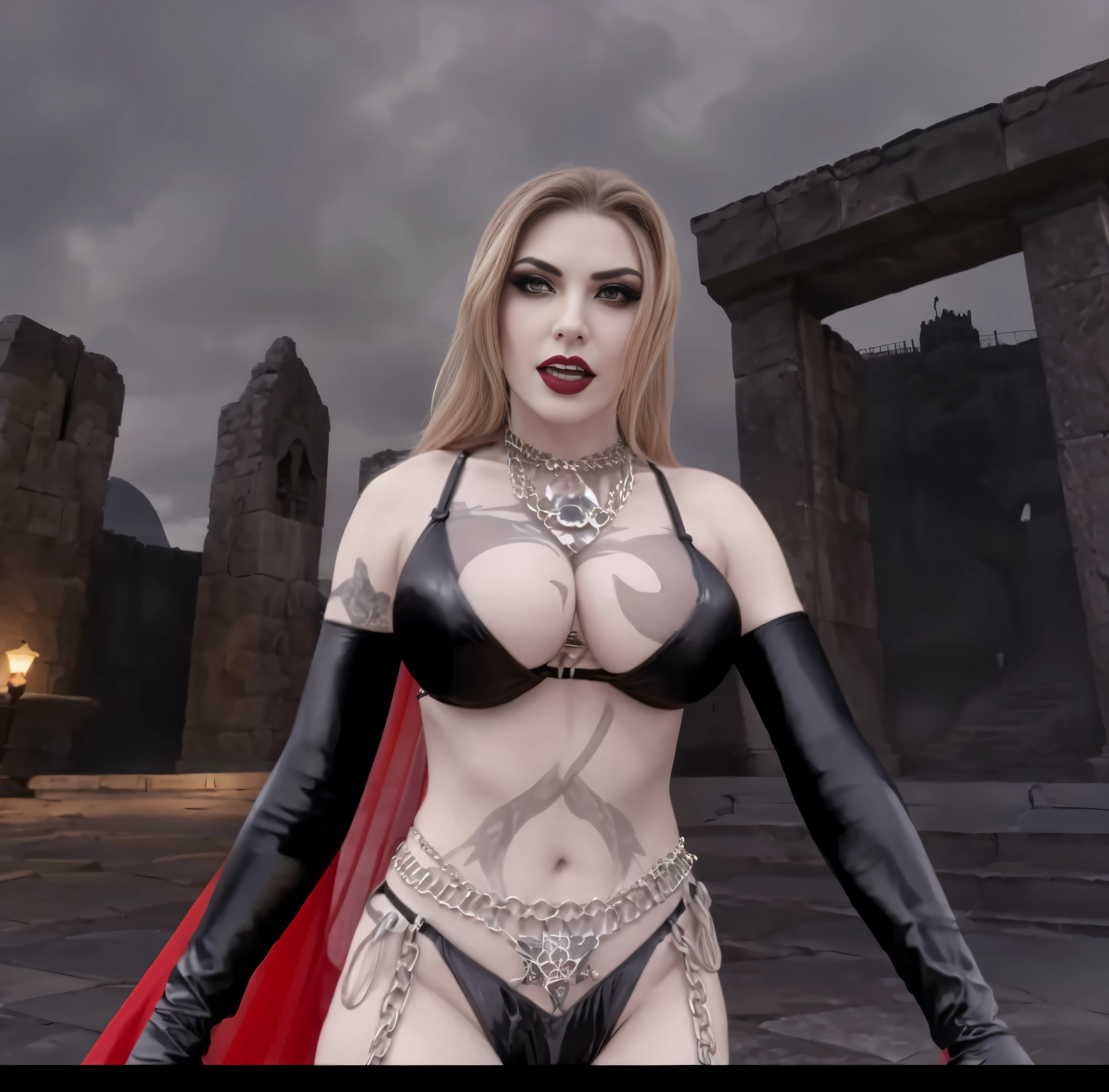Alafid woman in costume standing in front of stone structure, 女魅魔vampire, vampire, Looked up，busty witch, 性感迷人的女vampire, black bikini。Black leather cuffs，Heavy makeup，big breasts。An arrogant expression。Metal sexy waist chain
