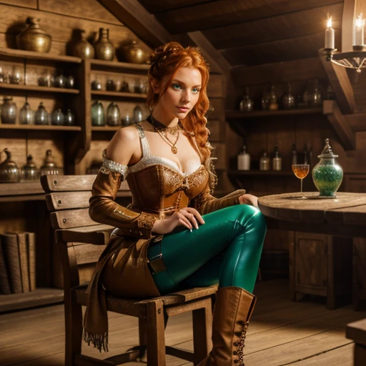 beautiful girl, age 30, ginger hair, skinny, thin, tall, green eyes, wearing short blue patchwork medieval corset, tight brown leather leggings laced at side, small waist, round butt, brown leather boots, (large breasts:0.3), cleavage, thick braided hair in a bun, jewellery in hair, sitting on a wooden chair, legs crossed, in a wooden medieval cottage, glowing witch magic potions on shelves, facing camera, anatomically correct, textured skin, award winning, highres, 8k, sunlight, full body shot