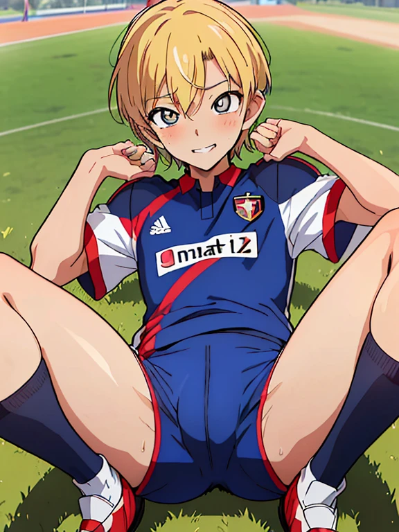 (((official art,Super thin illustration,High resolution, muste piece, best quality,best quality,)))high quality, detailed, (),12 years oace striker male idol with a super cute face,A boy as beautiful as Planding, Cool handsome face with smile, soccer spike, long legs, thighs, Foots, Bulge, (blonde hair、short hair)、shiny hair, (Tight shiny random color soccer uniform suit), (tight and shiny soccer shorts), (Soccer Socks), grassy area, cool pose, (厚いthighs、Seduce your big ass to your crotch)、(((soccer field in the park)))、((Saucy、))、grinning grin、spread legs,ultra fine painting, (best quality, In 4K, 8K, High resolution, muste piece:1.2),(((Being aware of the sexual gaze of middle-aged gay men)))、Service Shots、((detailedな目:1.2))、cute eyes、showing off his big butt、proud butt、hair band,(((seducing)))
