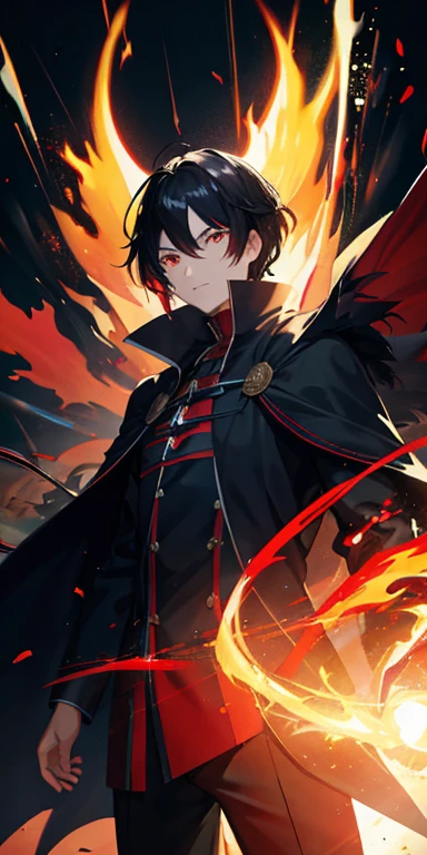 1man, black hair, red eyes, fire wizzard, blood, light particles, light rays, wallpaper, high contrast, colorful,
