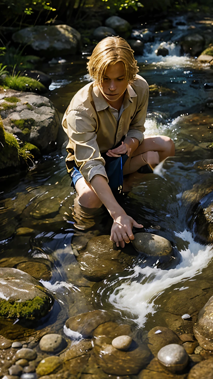 "Create a realistic scene of blond teenager David collecting five smooth stones from a stream. Highlight the sunlight reflecting off the stones"