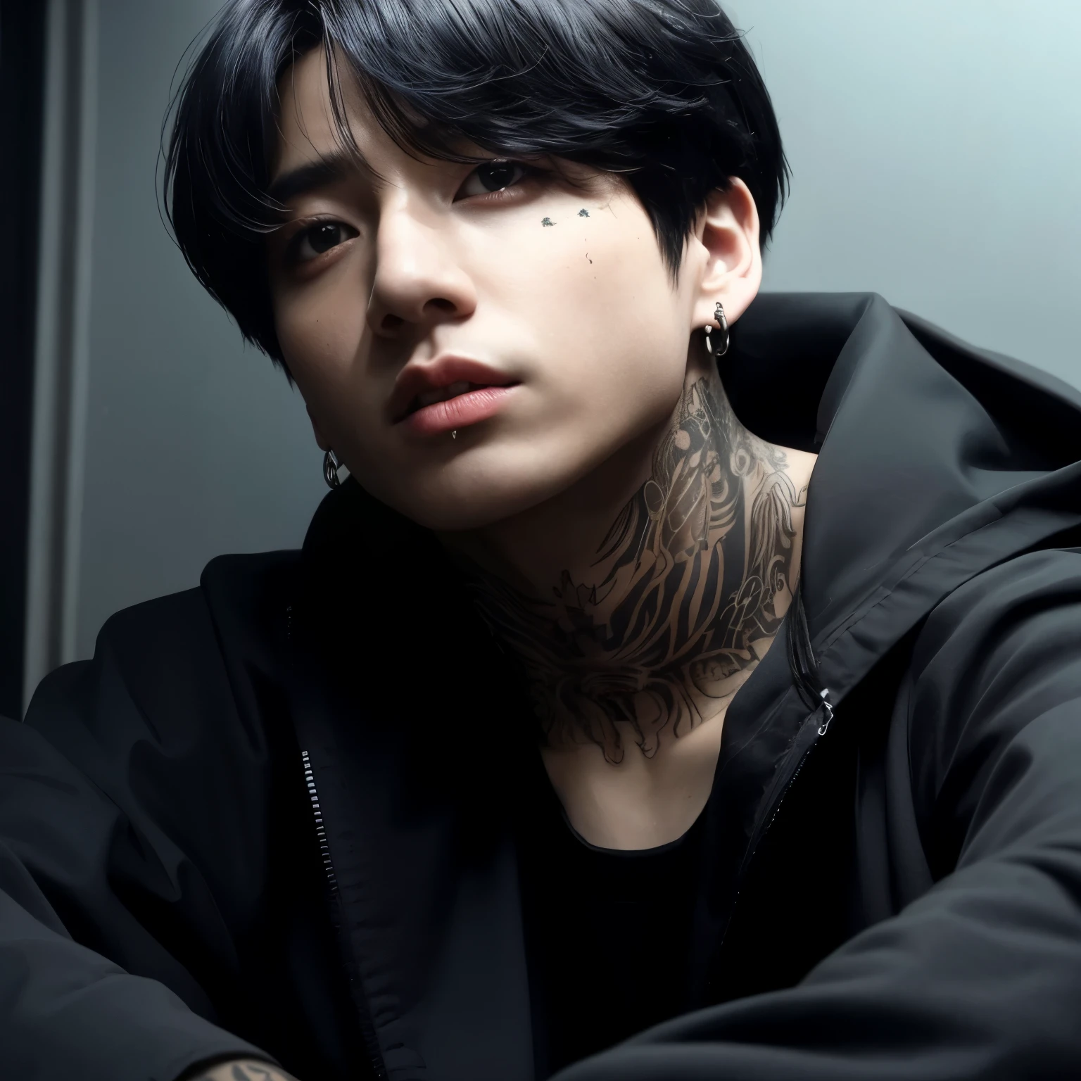 Um close de uma homem com cabelo preto e um colar, cruel orean goth boy, corte de cabelo preto hime, cabello blackbangs cabello, goth boy aesthetic, Ele tem cabelo preto com franja, Jeon Jungkook, detalhado, 1 Goth Anime Boy, Sui Ishida com cabelo preto, 🤤 retrato de menino, 1 20 year old goth boy, Penteado branco com corte hime, Jungkook, 