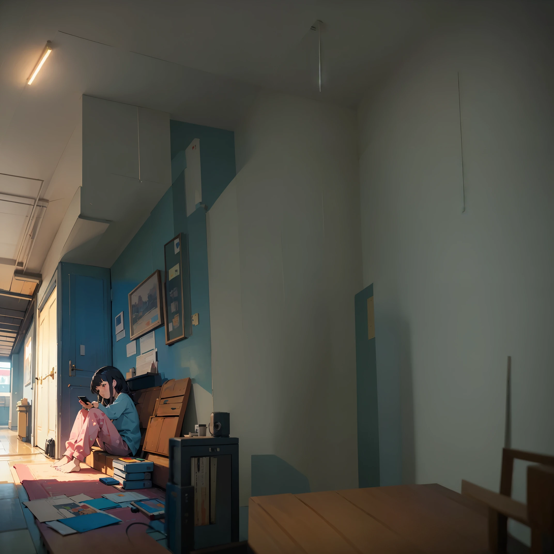 there is a woman sitting on a bench in a room, garota lofi, obras de arte no estilo de guweiz, Atey Ghailan 8K, arte lofi, inspired Direction: Atey Ghailan, arte lofistyle, artgerm e atey ghailan, Direction: Atey Ghailan, papel de parede de arte de anime 8k, no estilo de atey ghailan