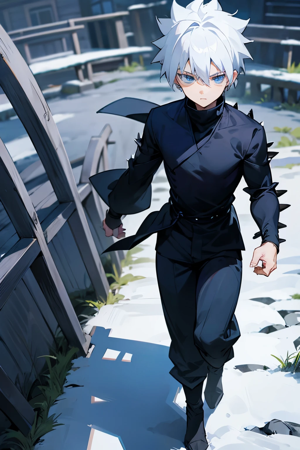 Ninja Clothing , Dark Blue Turtleneck , White Hair , Killua Hair , Adult Male , Lean Build , Blue eyes , Spiky Hair , White Hair , Village Background , Walking on path , Somber expression