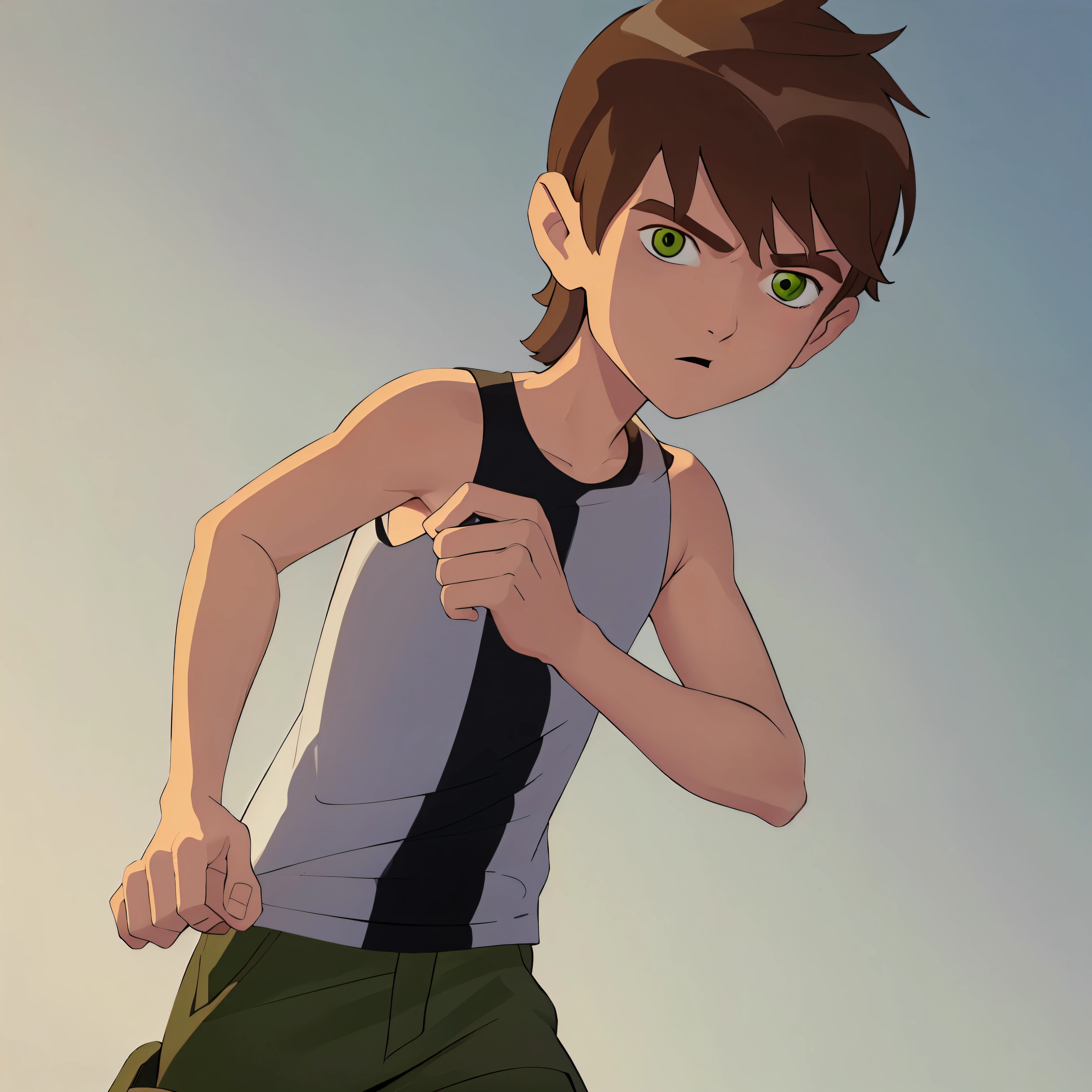 Highres, Masterpiece, Best quality at best,Best Quality, 1boy, bentennyson, green eyes, cargo pants, tank top, close-up the body, upper body,  the day, summer