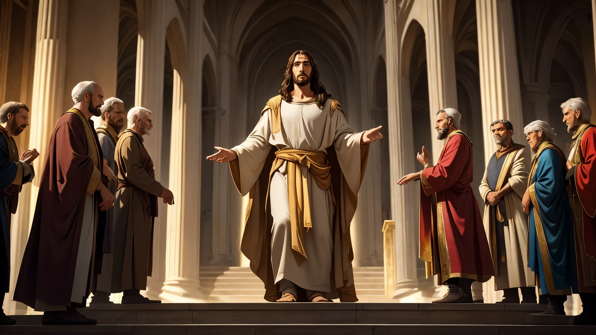 Jesus Christ portrayed in a scene filled with grandeur. He exudes a powerful, commanding presence. He portrays an air of overwhelming authority and might. He is talking to old people. The scene is bright, emphasizing the nobility and majesty of his figure.