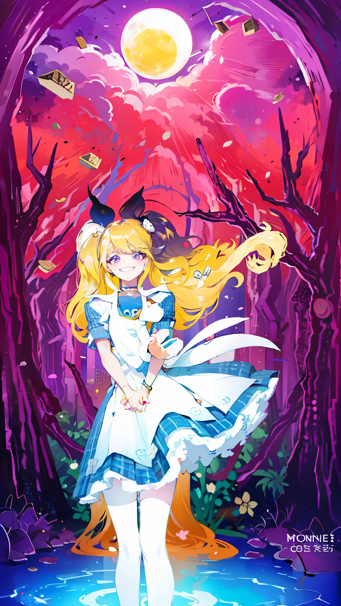 masterpiece, best quality, full body,
1girl, bangs, black choker, black necktie, blonde hair, blue skirt, blush, bracelet, breasts, choker, clothes around waist, collarbone, collared shirt, cowboy shot, dress shirt, ear piercing, eyebrows visible through hair, gradient hair, grin, gyaru, jewelry, kogal, long hair, looking at viewer, loose necktie, necktie, piercing, plaid, plaid skirt, pleated skirt, red eyes, ring, school uniform, shirt, skirt, smile, solo, white shirt,
street, sky, cherry blossoms, petals,illustration, (magazine:1.3), (cover-style:1.3), fashionable, woman, vibrant, outfit, posing, front, colorful, dynamic, background, elements, confident, expression, holding, statement, accessory, majestic, coiled, around, touch, scene, text, cover, bold, attention-grabbing, title, stylish, font, catchy, headline, larger, striking, modern, trendy, focus, fashion,