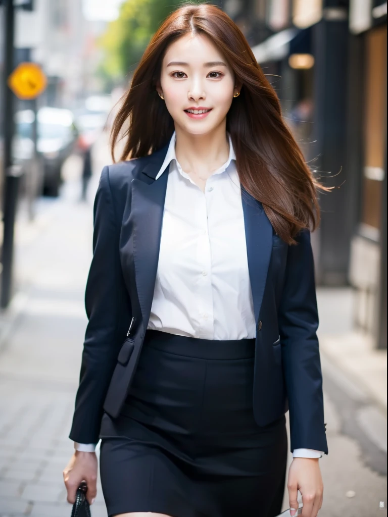 8K, RAW photo, photorealistic, realistic, highest quality, masterpiece, sharp focus, real person, ultra high resolution, 1 girl, Japanese, 20-year-old, Very beautiful face and body, small eyes and pupils, compensate, Red shiny lips, brown hair, earrings, mature, sexy, cute, wonderful, intellectual, smile, Slim face and body, fair and clean skin, Tailored jacket in navy blue, white shirt with collar, navy blue skirt, whole body, Viewer walking forward, At the office, daytime, Natural light