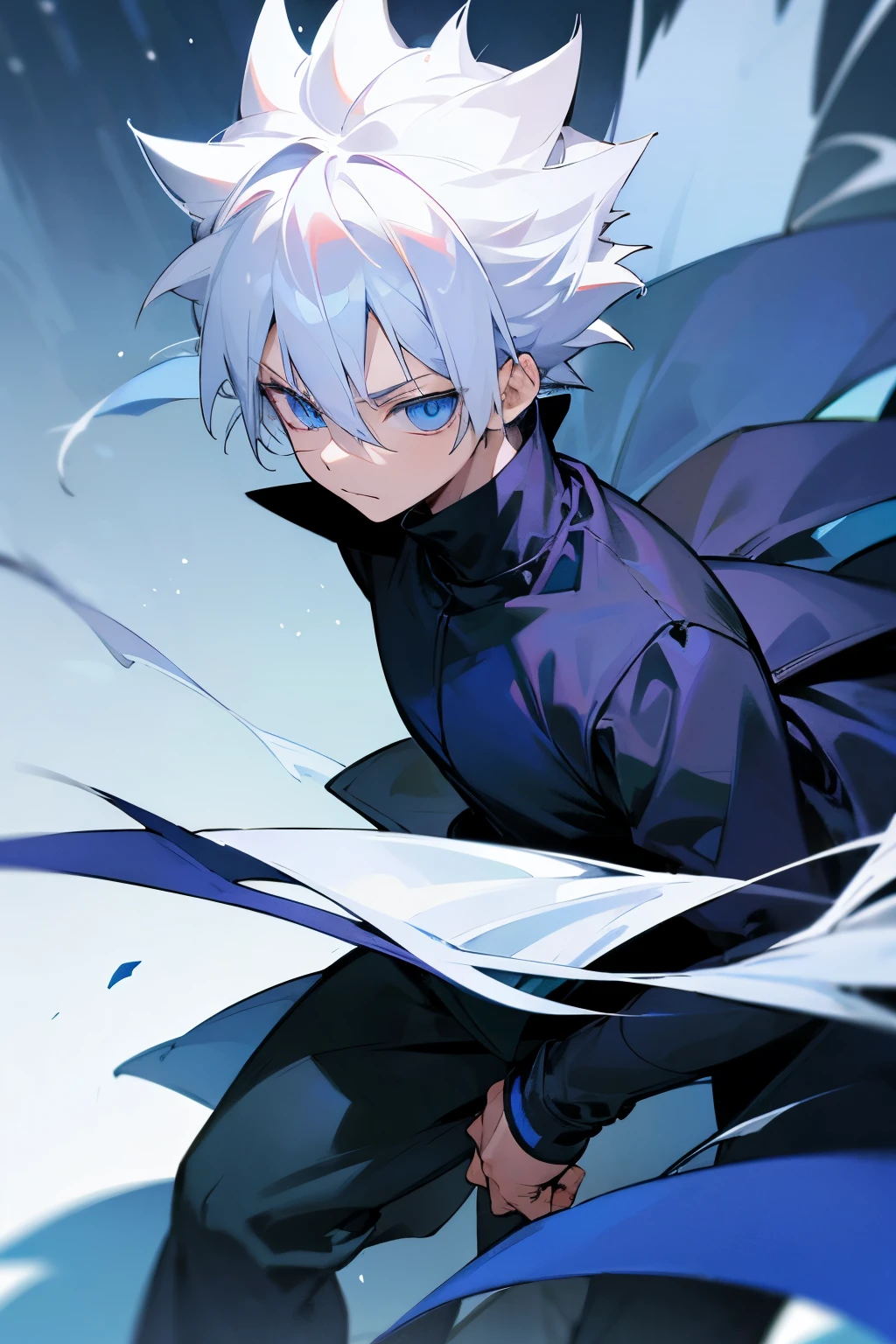 Ninja Clothing , Dark Blue Turtleneck , White Hair , Killua Hair , Adult Male , Lean Build , Blue eyes , Spiky Hair , White Hair , Village Background , Walking on path , Somber expression