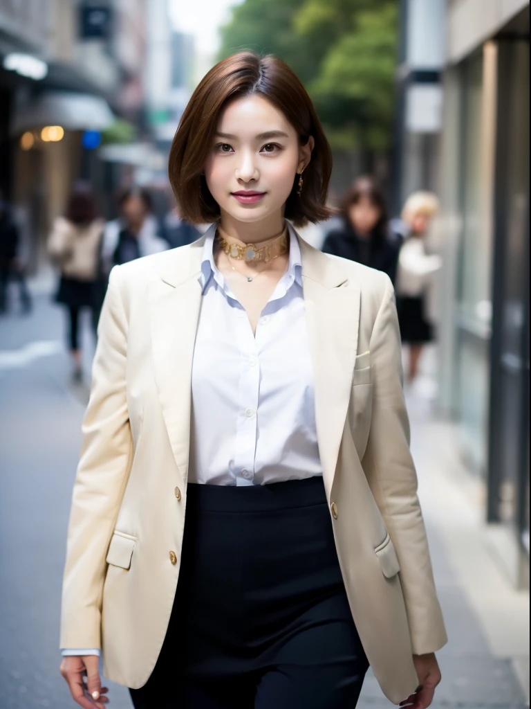 8K, RAW photo, photorealistic, short hair,realistic, highest quality, masterpiece, sharp focus, real person, ultra high resolution, 1 girl, Japanese, 20-year-old, Very beautiful face and body, small eyes and pupils, compensate, Red shiny lips, brown hair, earrings, mature, sexy, cute, wonderful, intellectual, smile, Slim face and body, fair and clean skin, Tailored jacket in navy blue, white shirt with collar, navy blue skirt, whole body, Viewer walking forward, At the office, daytime, Natural light